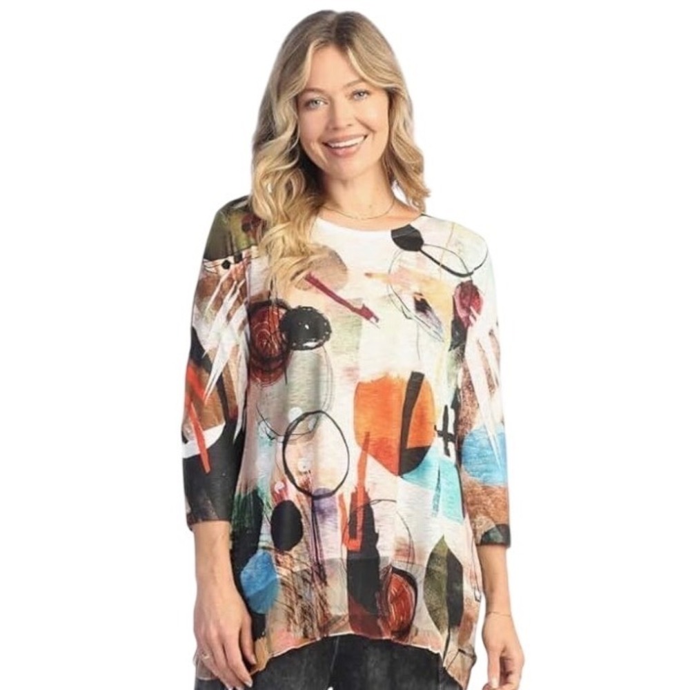 Jess & Jane Large Toscana‎ Top V-Neck Long Sleeve Colorful Blouse Size